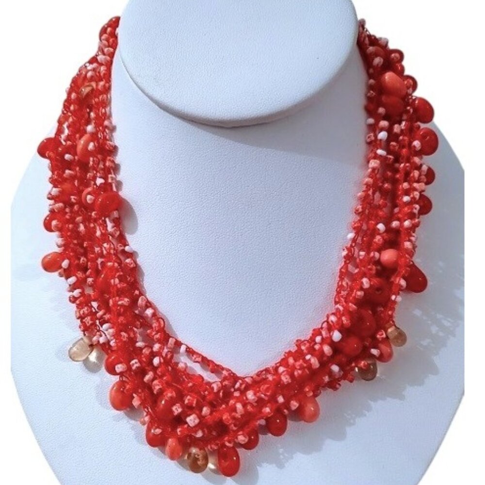 Pink Red Beaded Multi-Strand Necklace